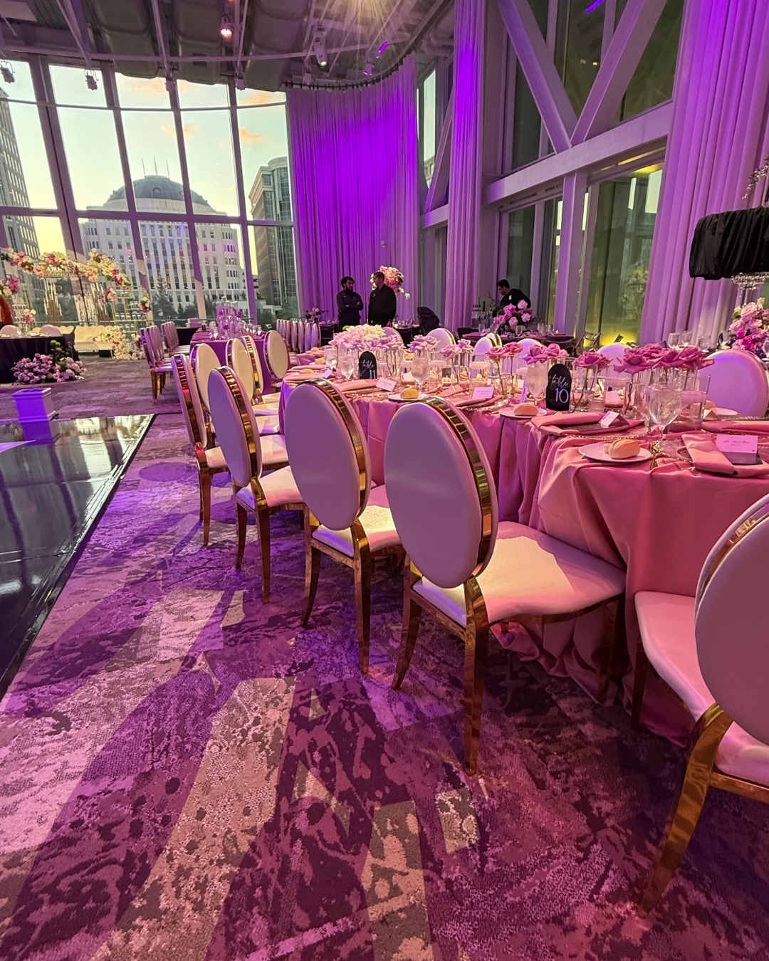 Curated Seating Collection for Luxury Weddings in Orlando Curated luxury seating collection featuring clear acrylic chairs, gold frames, and refined tablescapes for an upscale wedding reception in Orlando, Florida.