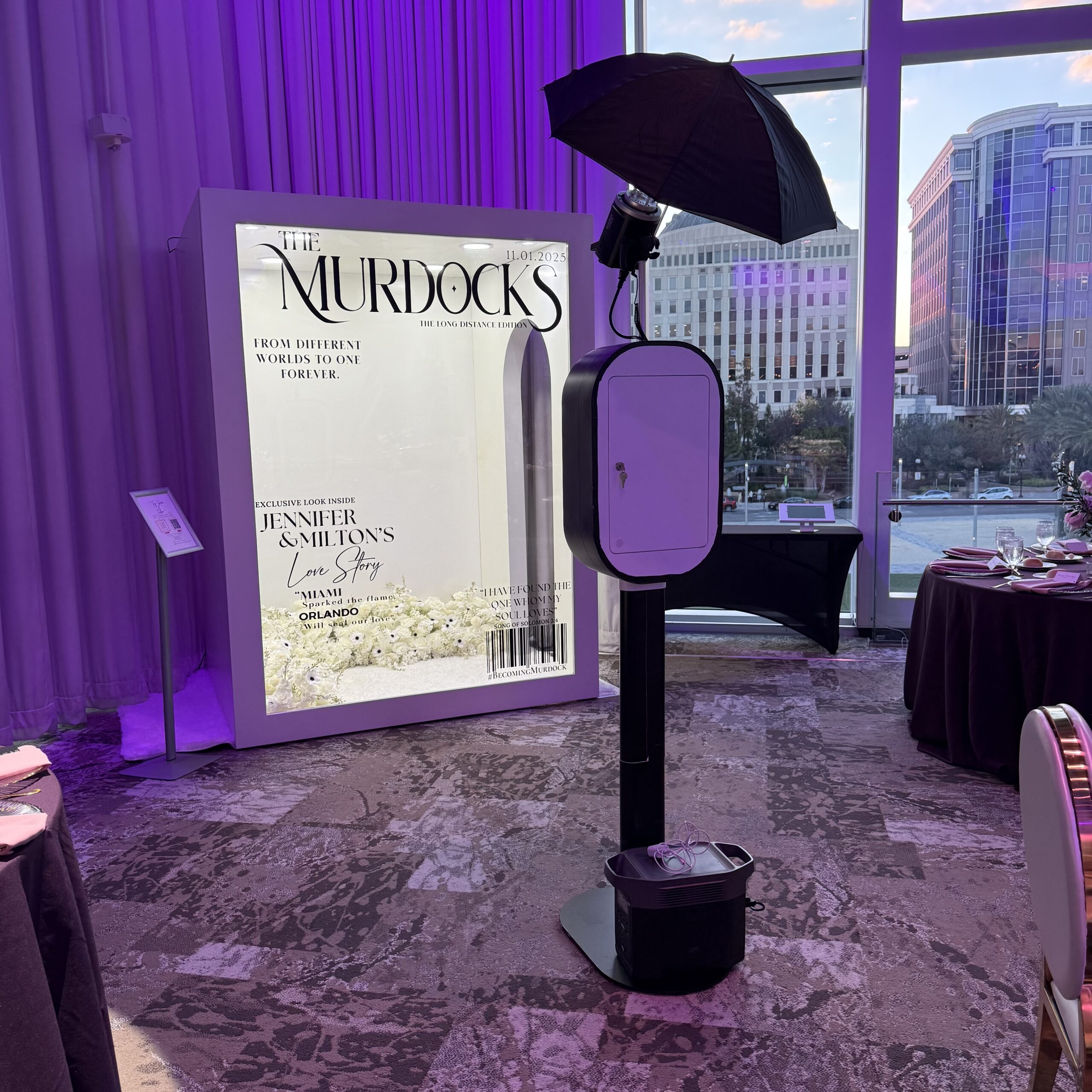 Signature Magazine Photo Booth Installation – Orlando Wedding Magazine-style photo booth installation for luxury wedding reception in Orlando Florida