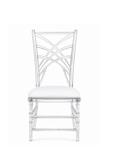 Clear dining chair with white cushion rental for weddings and events in Orlando