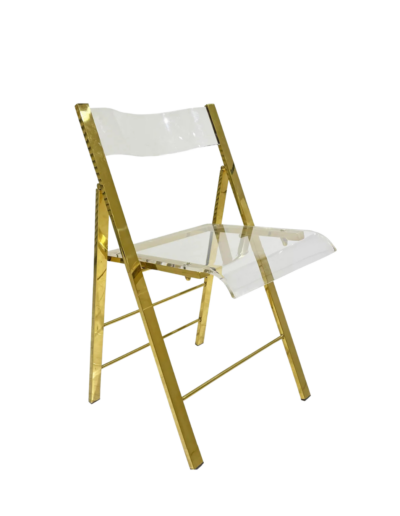 Folding Gold Acrylic dining chair rental for weddings and events in Orlando